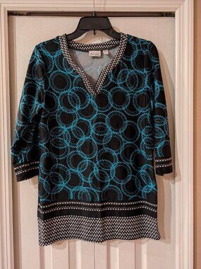 Kim Rogers Petite Black White Teal 3/4 Sleeve Print Tunic Size Medium